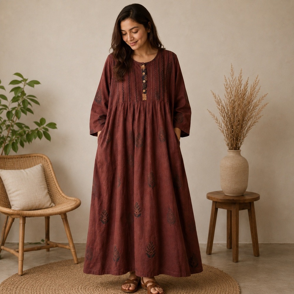 Marketplace Handwork of India Dress 2W Burgundy Leaf Print Modest Boho Lagen